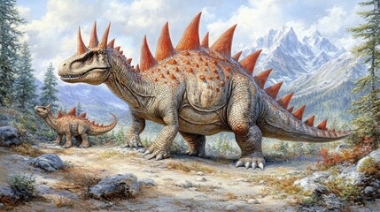 Spiked Dinosaur with Mountain Background   Prehistoric Animal Illustration