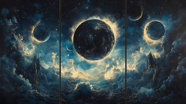 Earth&rsquo;s celestial phases in three stages; full Earth illuminated with swirling clouds, half-Earth showing a balance of light and shadow, and crescent Earth glowing subtly,