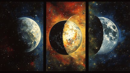 Earth’s phases in space illustrated in three panels; full Earth bathed in sunlight, half-Earth with stark shadow dividing it, and crescent Earth with a faint glow, surrounded by stars and cosmic dust,