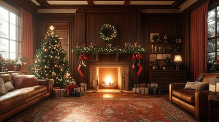 Cozy christmas interior living room with burning fireplace and decorated christmas tree