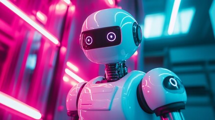 Close-up of a robot checking product quality under neon lighting enhancing the factorys modern feel