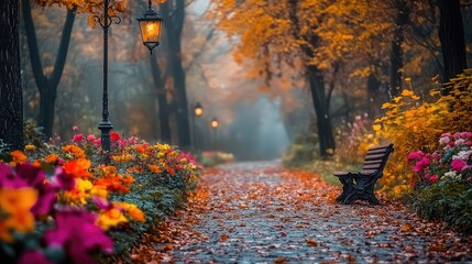 Obraz premium Pathway covered with fallen leaves leading through colorful autumn park