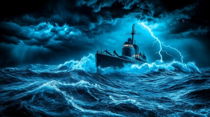 Battleship in Stormy Sea with Lightning Strikes