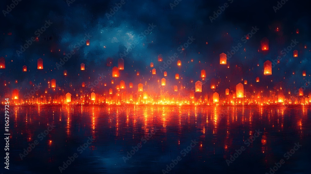Poster a tranquil nighttime landscape with glowing floating lanterns illuminating the still waters of a ser