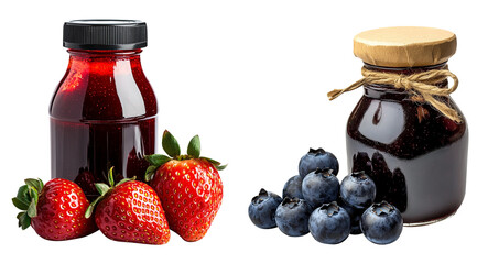 strawberry jam bottle and blueberry jam bottle isolated on transparent background
