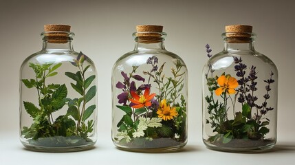 Wildflowers preserved in glass jars with cork stoppers: a still life composition
