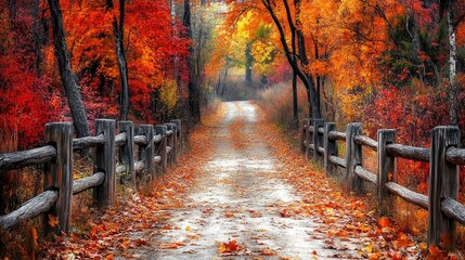 Obraz premium Pathway covered with fallen leaves leading through autumn forest