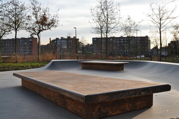 Wooden skateboard ramps in an urban skatepark setting