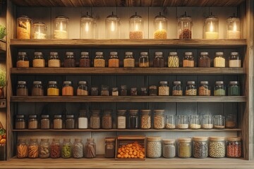 Wooden shelves displaying various grains, seeds, and spices in glass jars, creating a rustic and organized pantry