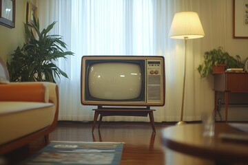 Vintage television set in cozy living room setting with retro furniture
