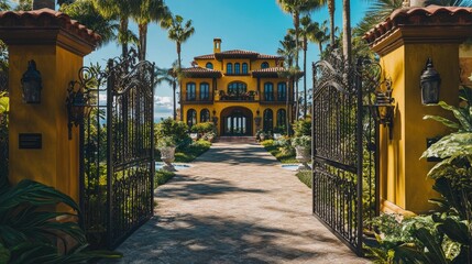 Fototapeta premium Luxurious hacienda inviting guests through open gates on a sunny day