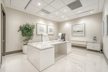 Fototapeta premium Modern white office interior design with desk and computer