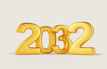 2032 Happy New Year gold number design on white background render. Golden font metal typography shiny symbol for poster, banner, calendar, greeting card and Christmas celebration 2032. 3D illustration