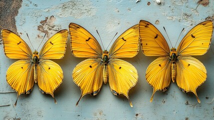 Three Yellow Butterflies on Distressed Blue Surface