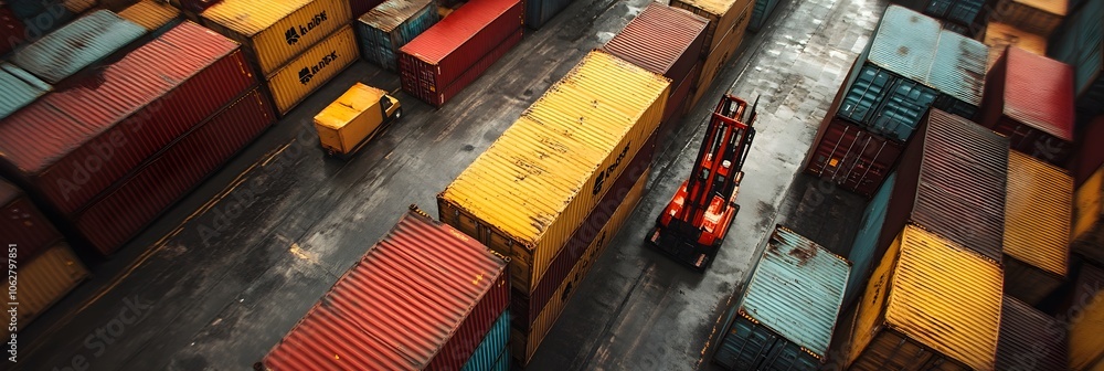 Aufkleber Aerial view of a busy logistics hub with rows of stacked shipping containers in various colors,creating a dynamic industrial landscape representing global trade and distribution.