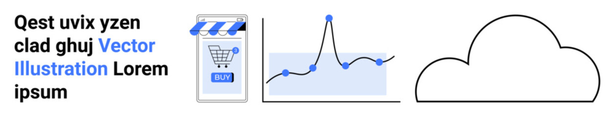 Shopping cart application, line graph with data points, and cloud outline. Ideal for online retail, market analysis, cloud storage, internet services, business reports, data visualization, tech