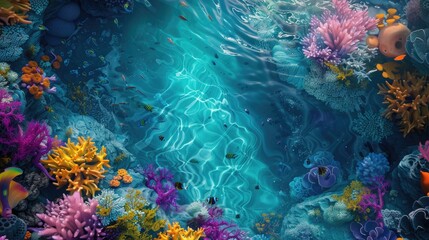 A top view of a vibrant coral reef with colorful marine life and crystal-clear water, providing a breathtaking underwater scene