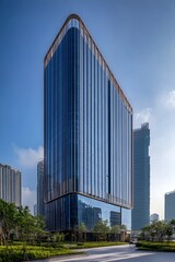 Obraz premium Striking Modern Skyscraper with Reflective Glass Facade in Downtown Cityscape