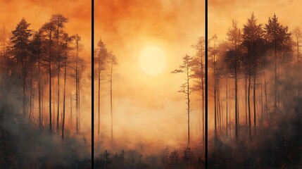 Forest landscape at three times of day; sunrise casting soft, golden light through mist, midday with strong, bright sunlight and deep shadows, and sunset with a warm, orange sky,