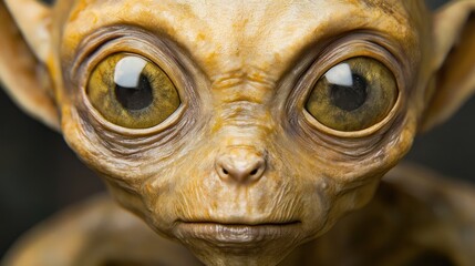 Close-up portrait of a detailed alien sculpture with large eyes and wrinkled skin.