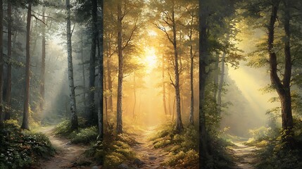 Fototapeta premium Forest scenes at sunrise, midday, and sunset; morning mist and warm sunrise colors, noon with bright light and lush green undergrowth, and evening with the forest bathed in golden light,