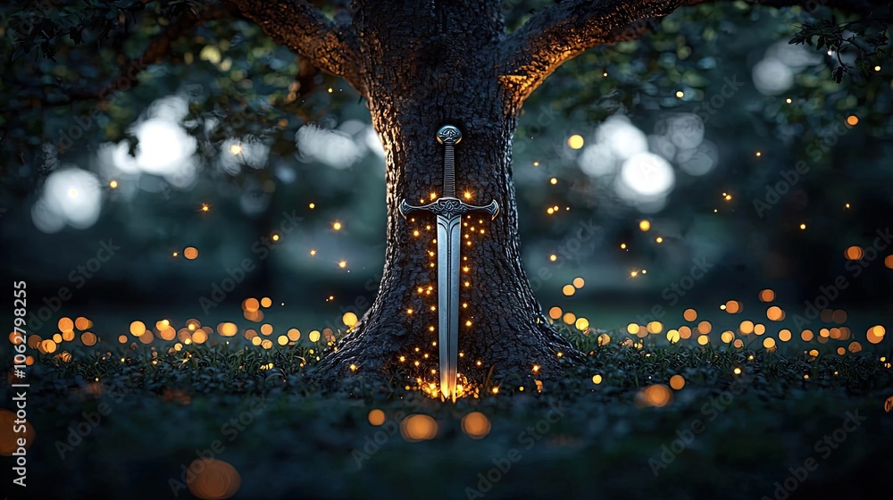 Poster magical sword resting at the base of a mystical tree with glowing orbs.
