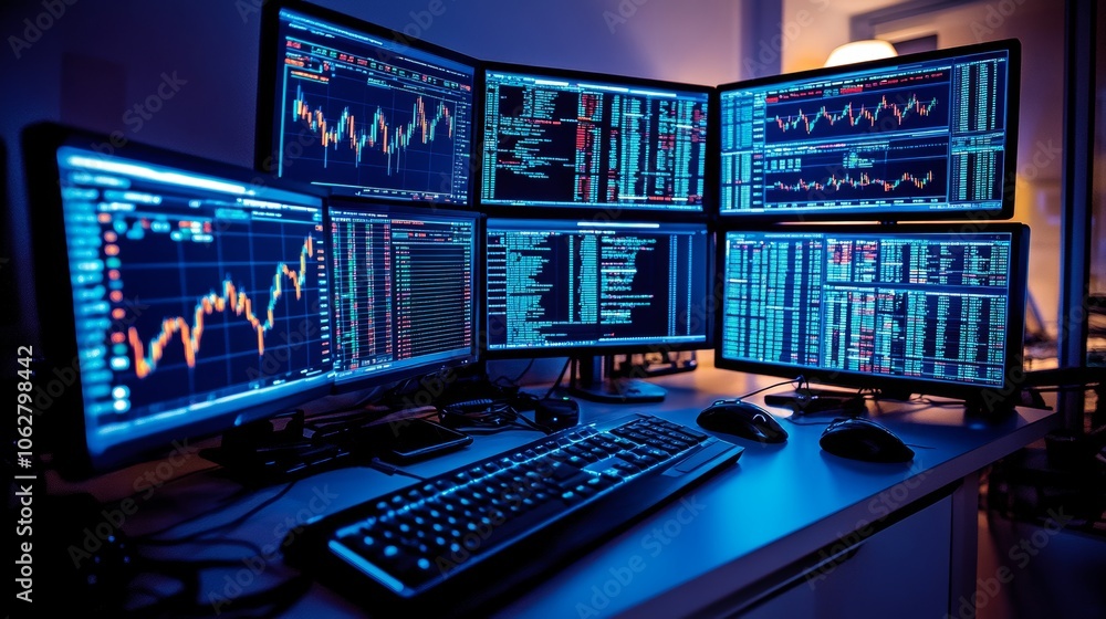 Poster Stock Market Analysis with Multiple Monitors and Keyboard