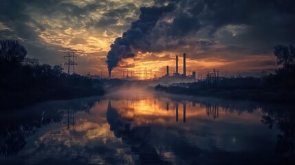 Fototapeta premium A factory with tall smokestacks spewing smoke into the air against a backdrop of a bright orange sunrise reflected in a calm river.