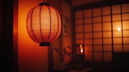 Traditional Japanese Paper Lantern Hanging in Room with Shoji Screen