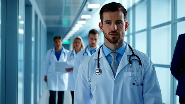 a man doctor with a statoscope walks along the corridor of a new hospital against the background of his fellow doctors