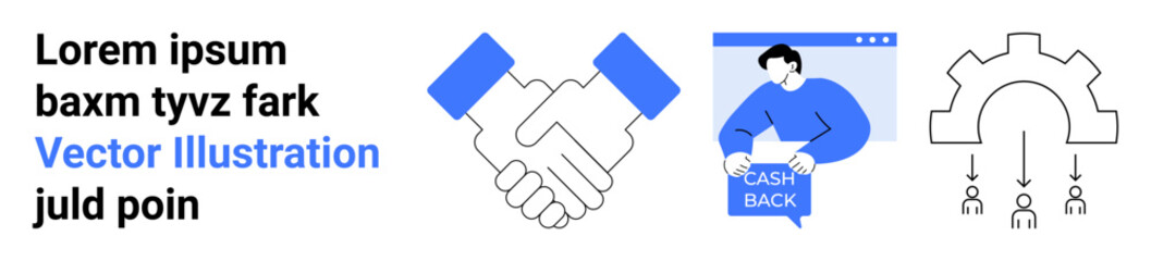 Handshake with blue handgrips, person offering cashback, team under a gear. Ideal for business partnerships, finance offers, teamwork, marketing, collaboration, customer loyalty, promotional