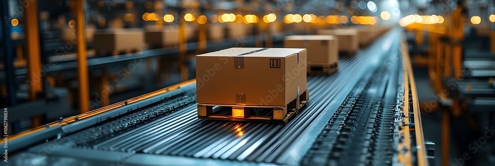 Poster blurred motion of packages and crates on conveyor belt in a large modern logistics warehouse at nigh
