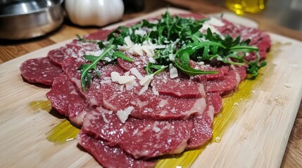 Italian beef carpaccio with thinly sliced beef, arugula, Parmesan shavings, and olive oil drizzle