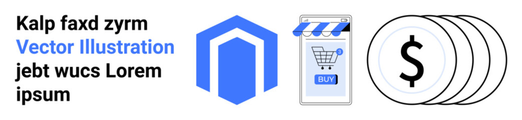 Blue hexagon icon, storefront icon with shopping cart, and dollar symbols. Ideal for e-commerce, financial services, online stores, payment gateways, marketing, business presentations, website