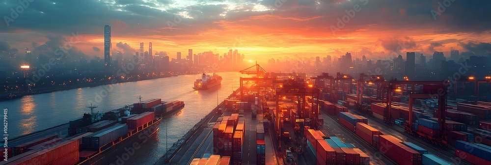 Poster breathtaking aerial view of a vibrant sunset over a bustling container port and skyscraper-filled ci