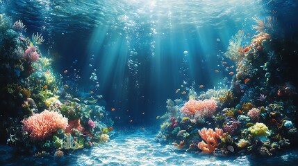 Naklejka premium Life in the ocean captured in three stages; surface panel with clear blue water and sunlight, coral reef filled with clownfish and sea anemones in the middle,