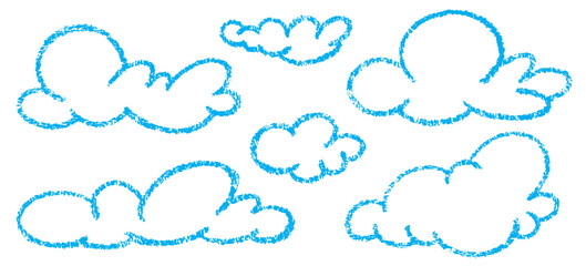 Crayon clouds. Hand drawn chalk and pastel kid illustration. Color pencil sketch doodle elements on white background. Child scribble cute sky. Vector weather decoration