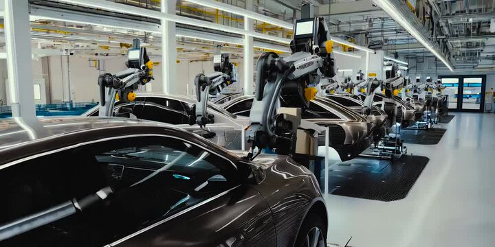 electric automotive supply chain, manufacturing EV Car Factory, assembly plant innovative production processes, advanced electric vehicles, Robot Arm