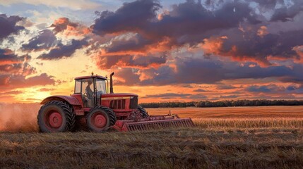 Obraz premium A red tractor plows a field at sunset, with a dramatic sky in the background.