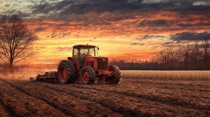 Fototapeta premium A red tractor plows a field at sunset, with a dramatic sky and a lone tree in the background.