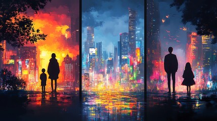 Life stages represented in three panels; childhood with vibrant colors and playfulness, adulthood with intense city lights and ambition, and old age with warm, calm tones,
