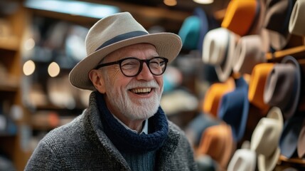 Smiling Senior Man Wearing Hat in Hat Shop - Powered by Adobe