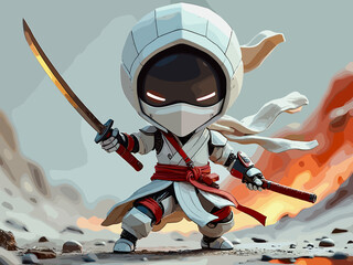 A small ninja character in a white hooded outfit brandishing a sword in a rocky, fiery landscape at dusk