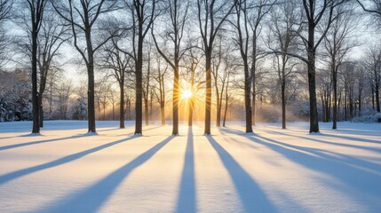 Winter Sunrise Through Trees with Snow Covered Ground and Long Shadows