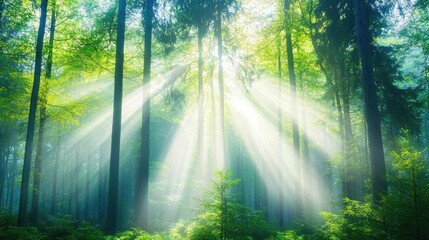 Obraz premium Enchanted Forest with Sunlight Streaming Through Trees