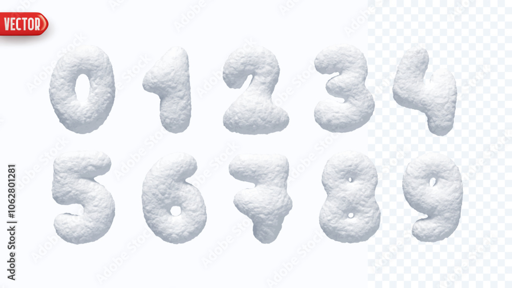 Poster Winter Snow numbers realistic 3d design isolated on background. Set of numbers from 0 to 9 made from snowy white texture. vector illustration