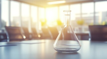 A glass beaker sits on a table in a conference room with a sunny window behind it.
