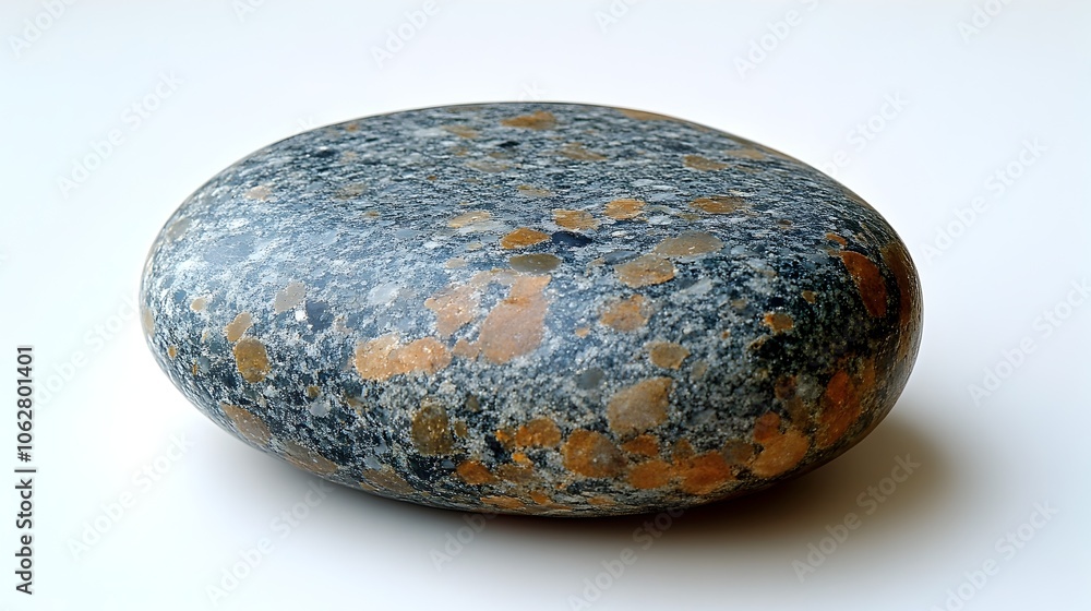 Poster closeup of a weathered stone pebble with a rough,textured surface covered in moss and lichen. the na