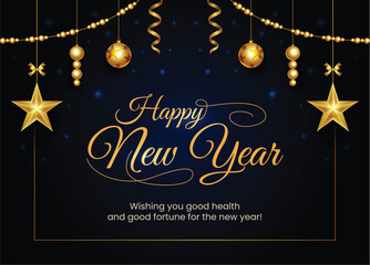 A poster with a christmas tree and a star with a gold star on it, Happy New Year elegant social media post design or banner template,