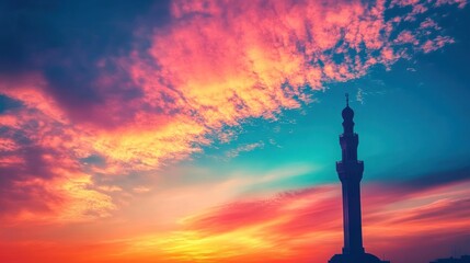 A silhouette of a minaret against a colorful sunset sky.